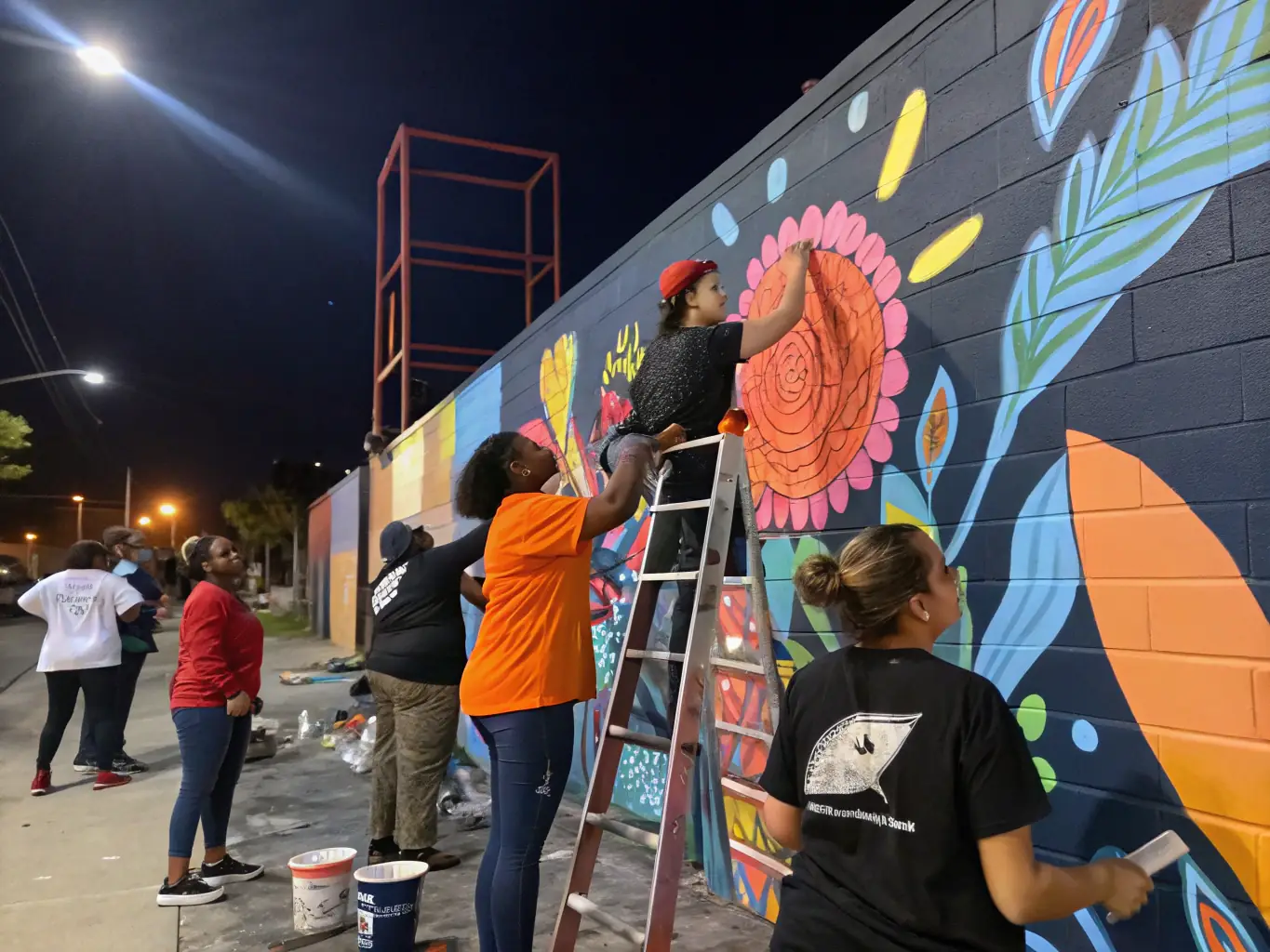 A vibrant scene from a KAKEMONO community intervention project, featuring artists collaborating with local residents to create a mural that reflects the community's identity and aspirations.