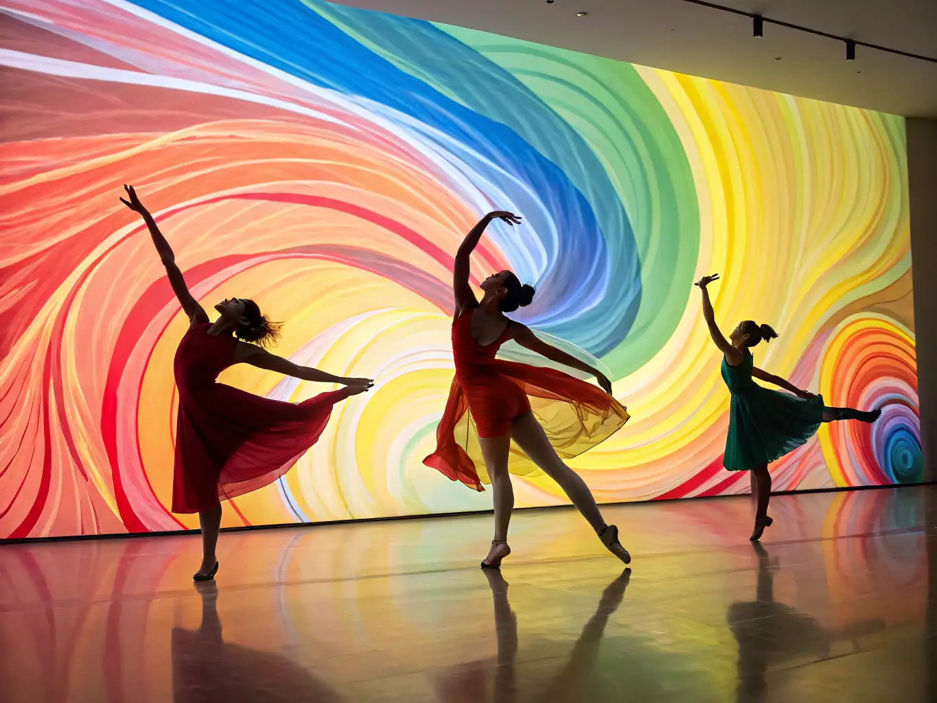 A captivating image of a KAKEMONO artistic project in progress, featuring dancers in expressive poses against a backdrop of urban art, symbolizing the fusion of movement and visual arts.