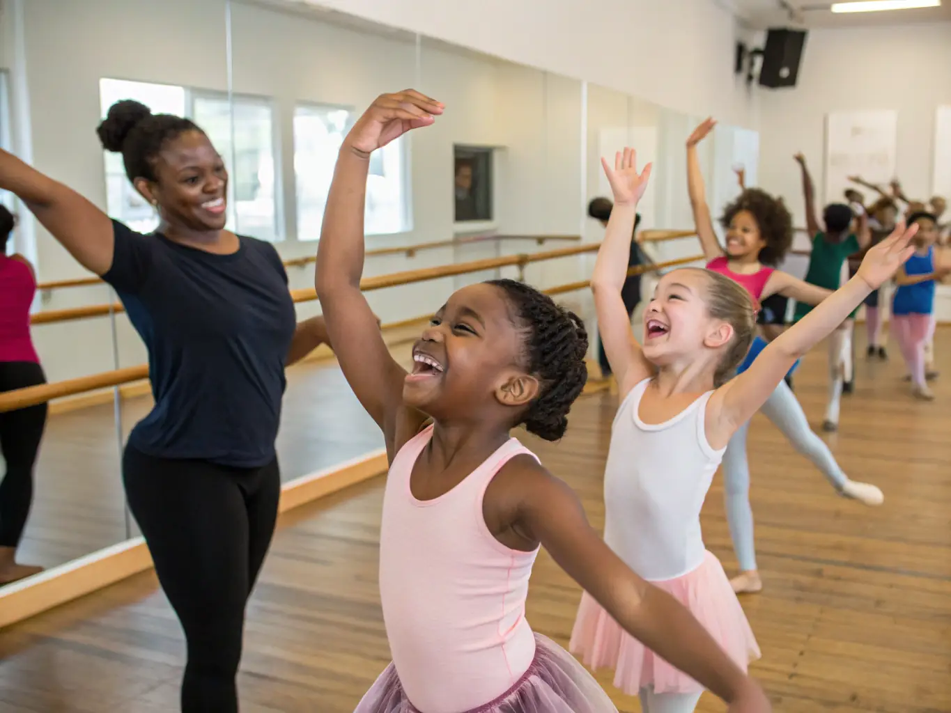 A group of diverse individuals participating in a KAKEMONO dance workshop, showcasing energetic movement and joyful interaction, set in a community center with natural light.