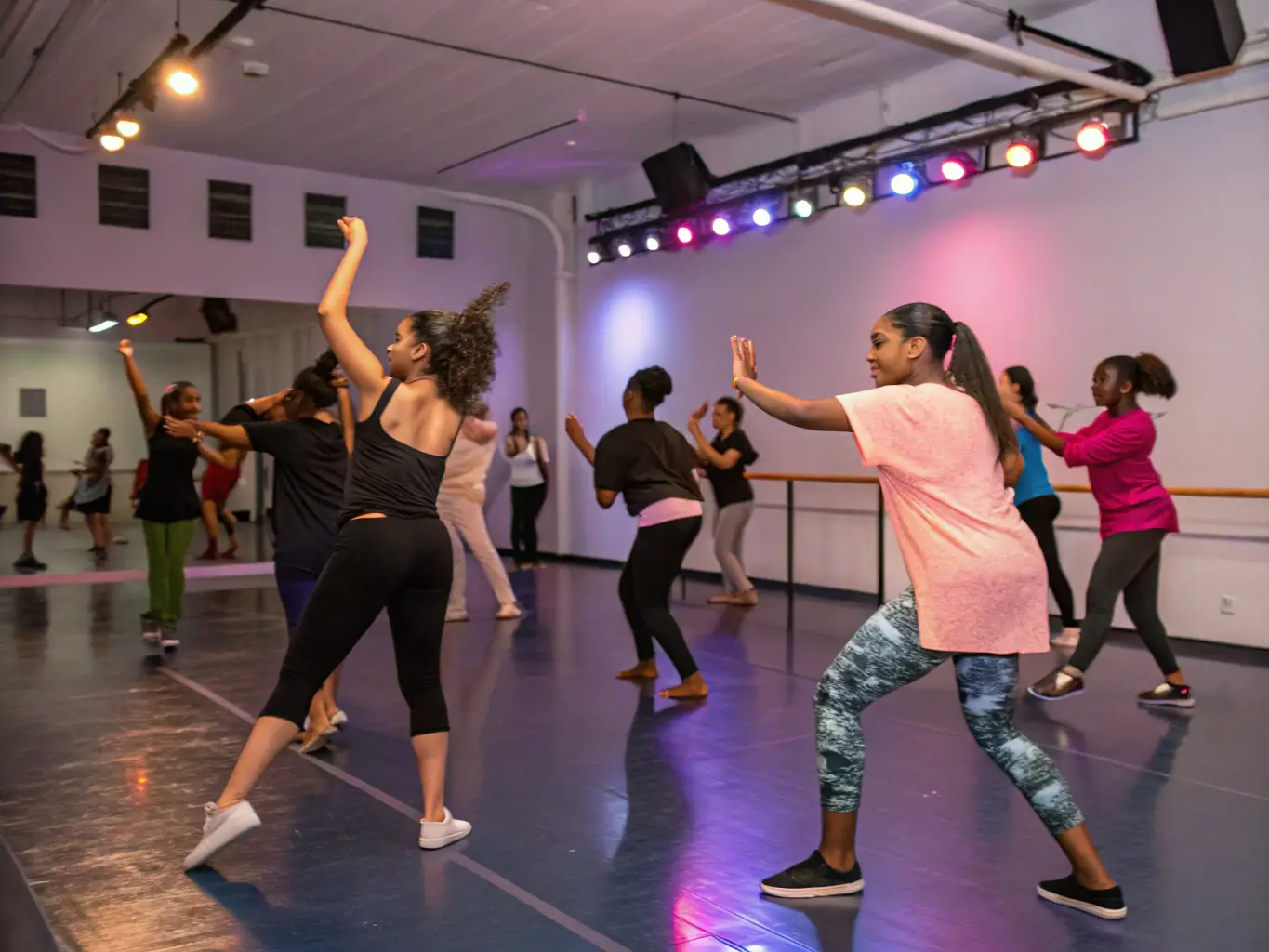 A dynamic image showcasing participants of diverse ages and backgrounds actively engaged in a KAKEMONO dance workshop, expressing joy and creativity through movement.